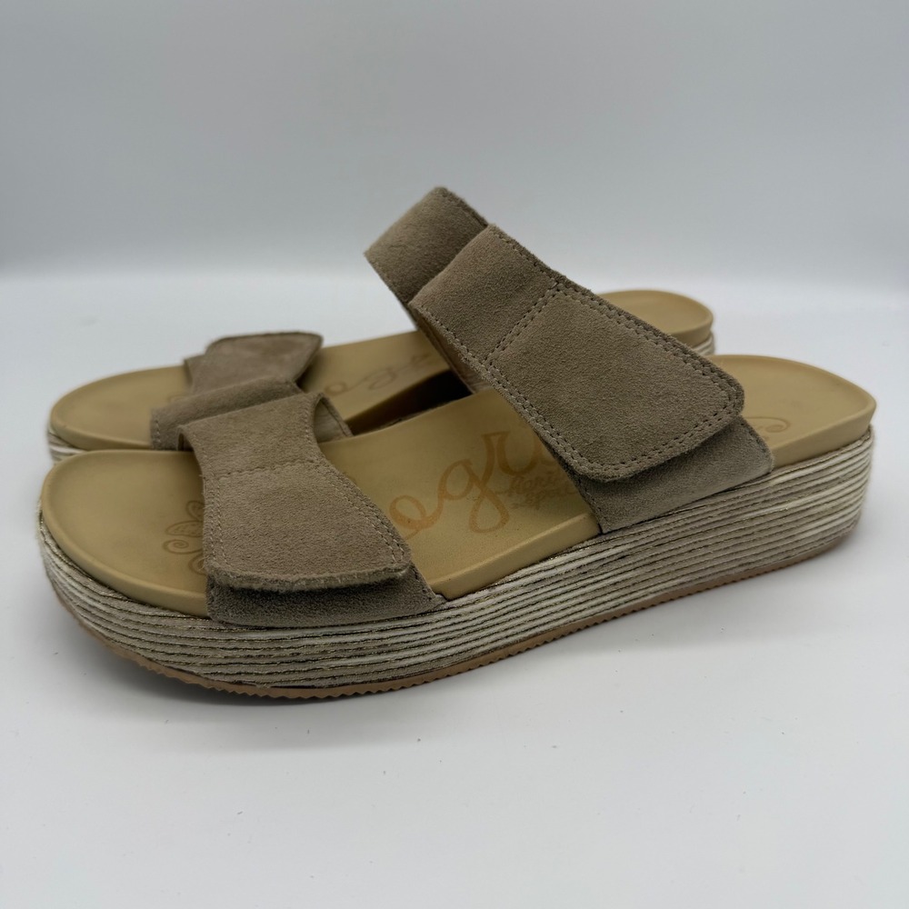 Alegria Mixie Taupe Suede Platform Sandals Tan Leather Slides Womens 38